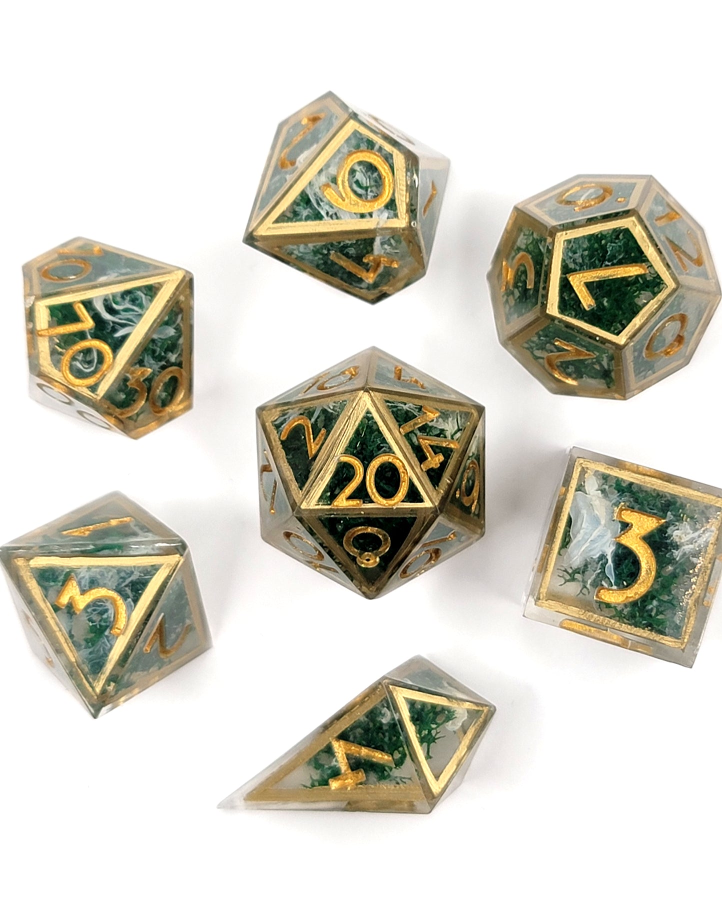 Moss and Mists - 7 Piece handmade D&D Dice| Hand Crafted Dungeons and Dragons Dice