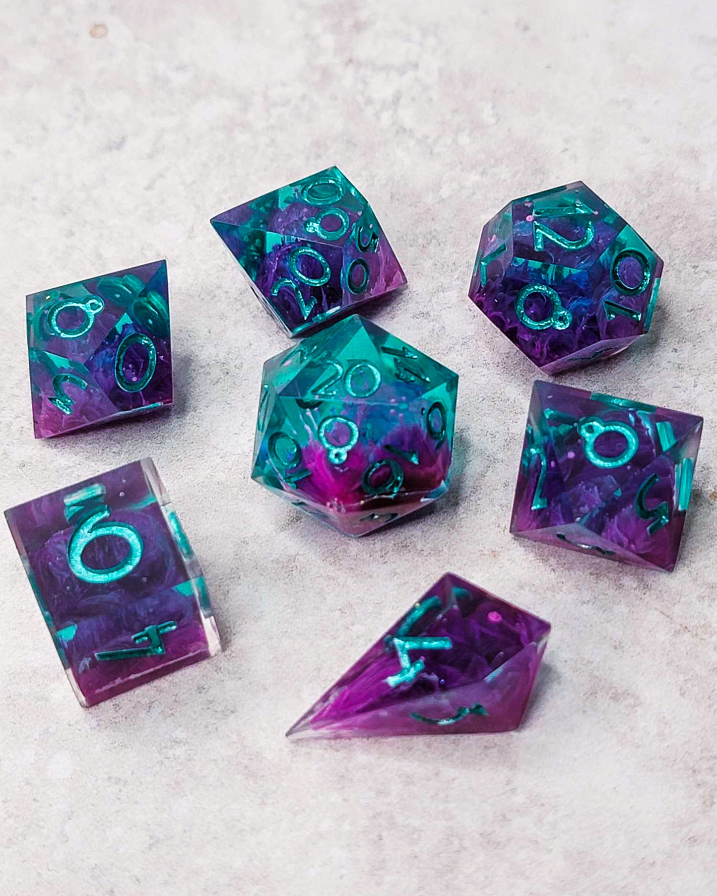 Jinx's influence - 7 Piece handmade D&D Dice| Hand Crafted Dungeons and Dragons Dice