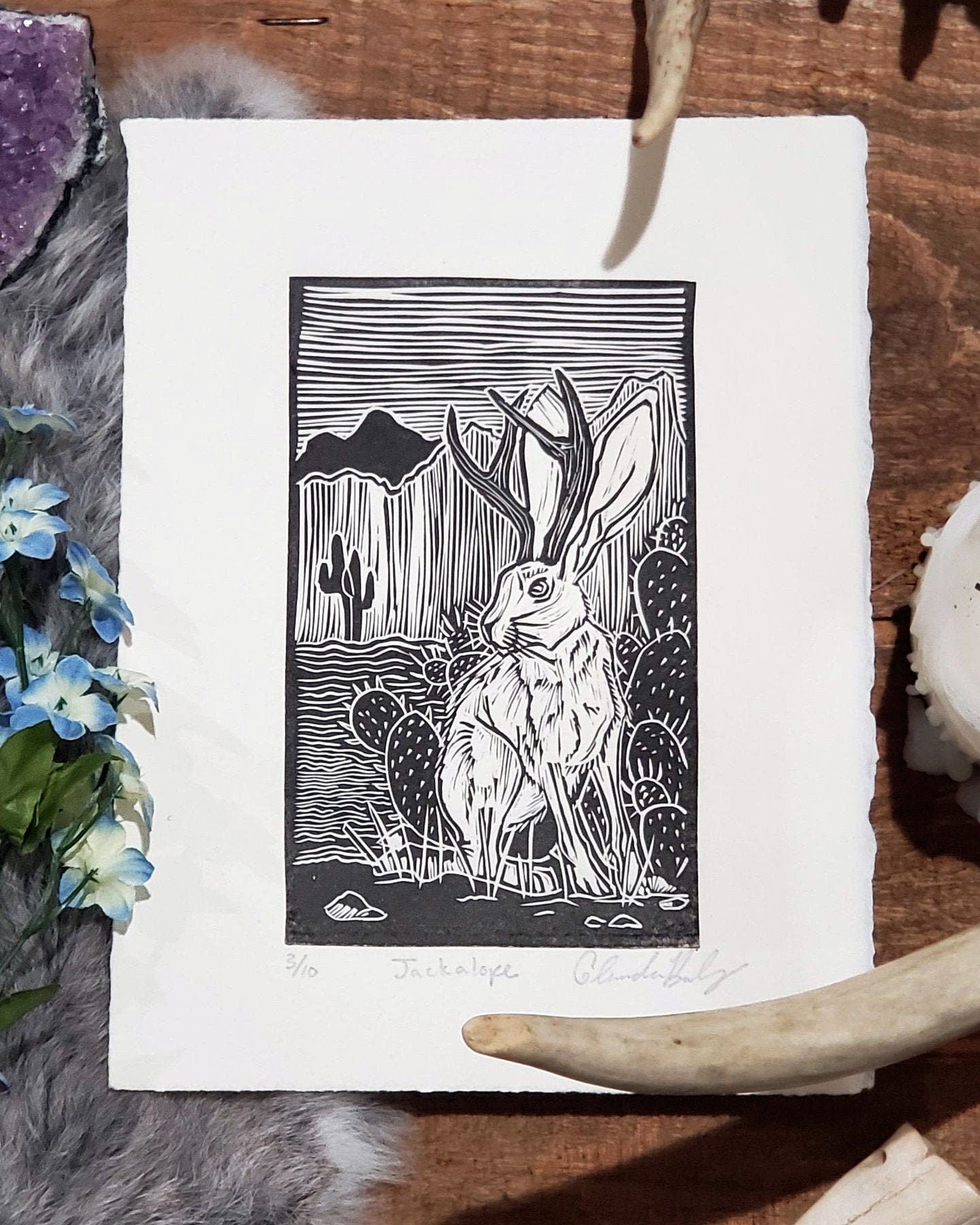 The Jackalope | Crypid art | Lino Cut rabbit art | Crypids |