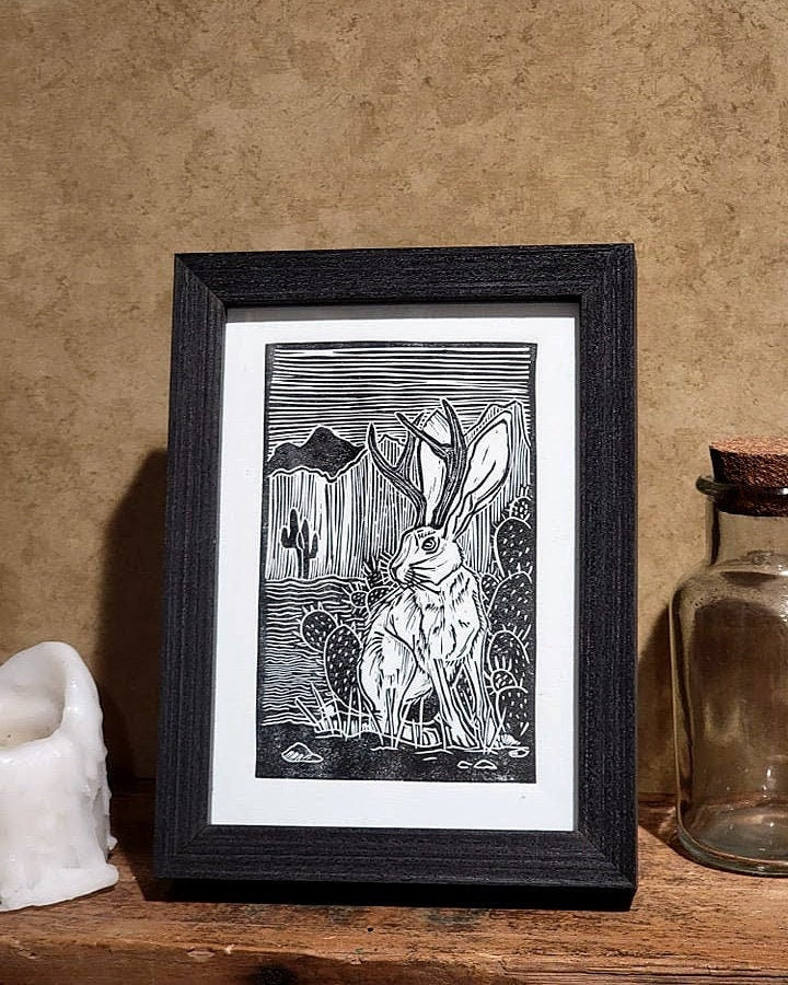 The Jackalope | Crypid art | Lino Cut rabbit art | Crypids |