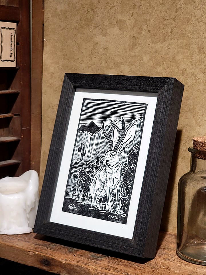 The Jackalope | Crypid art | Lino Cut rabbit art | Crypids |