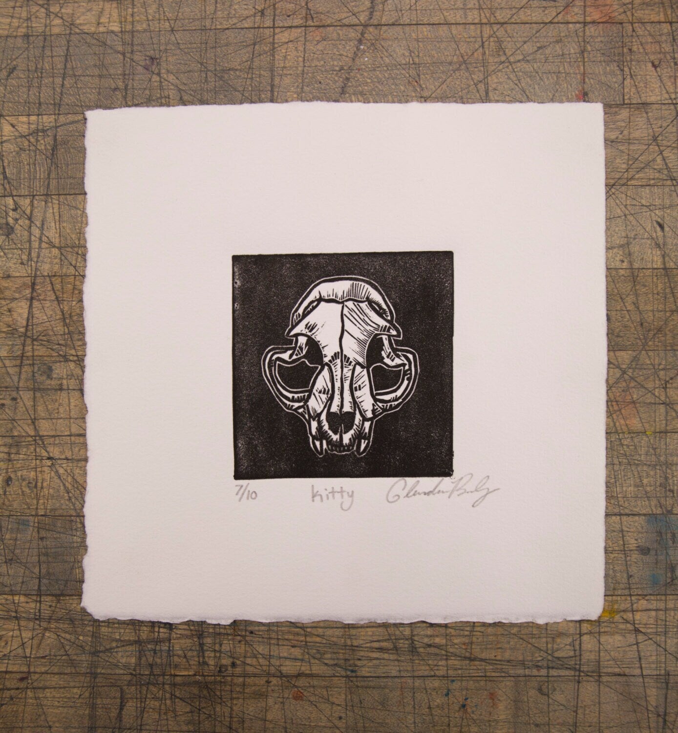 Kitty | Cat Skull | Lino Cut Print | Bone Art