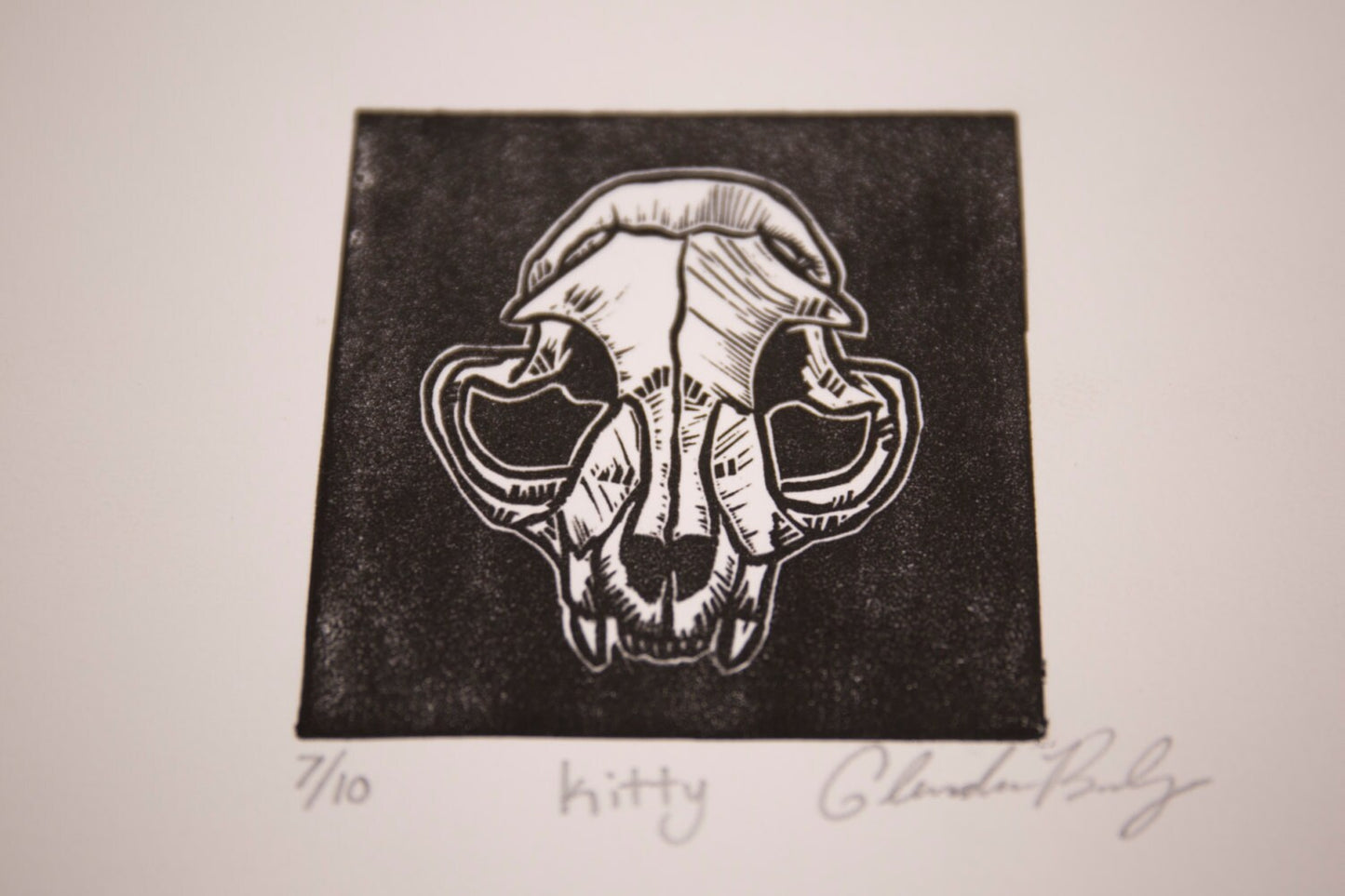 Kitty | Cat Skull | Lino Cut Print | Bone Art