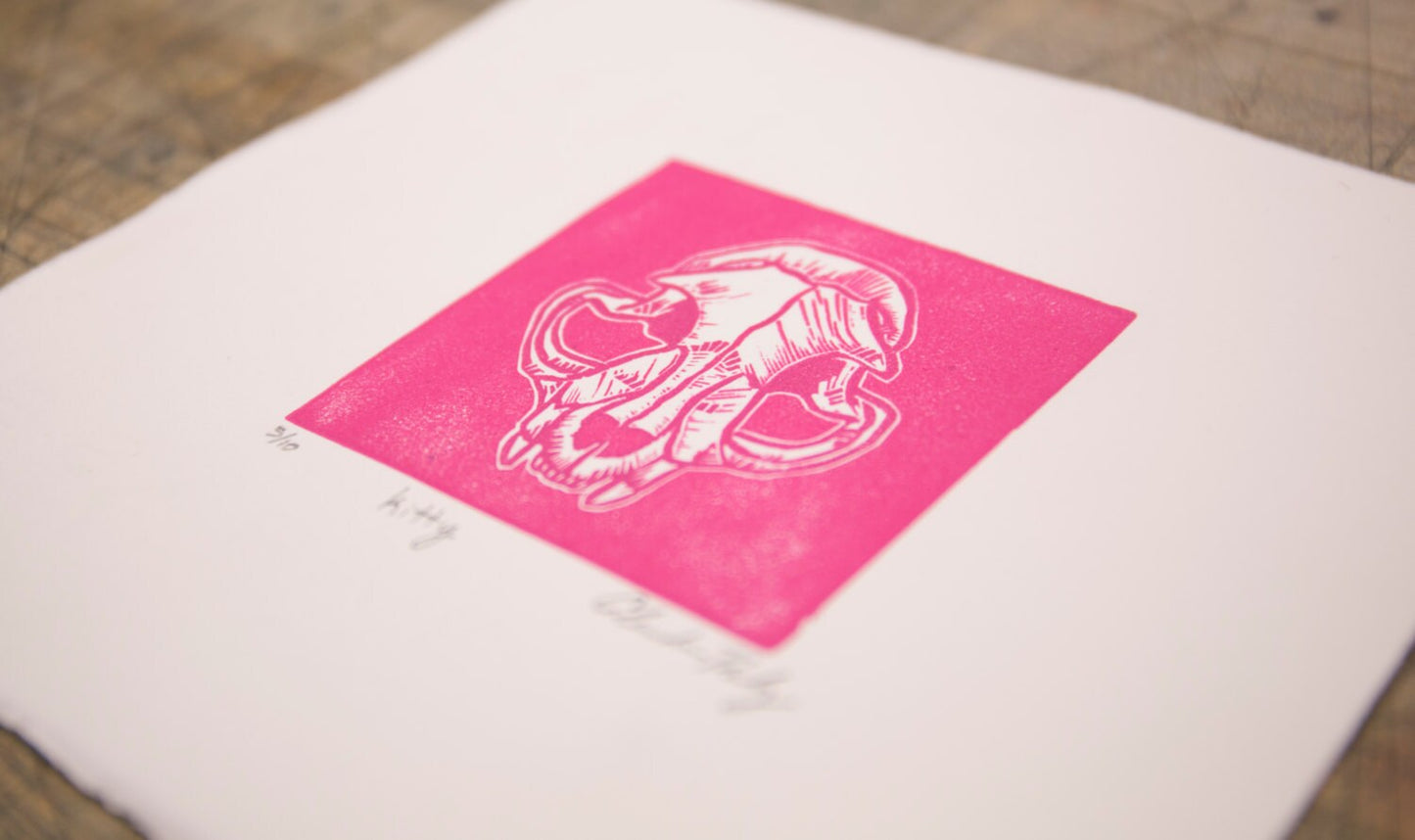 Kitty | Cat Skull | Lino Cut Print | Bone Art